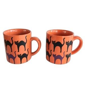 CRATE and BARREL Scaredy Cat Back Cat Small Coffee Mugs Orange Black Purple 7 oz